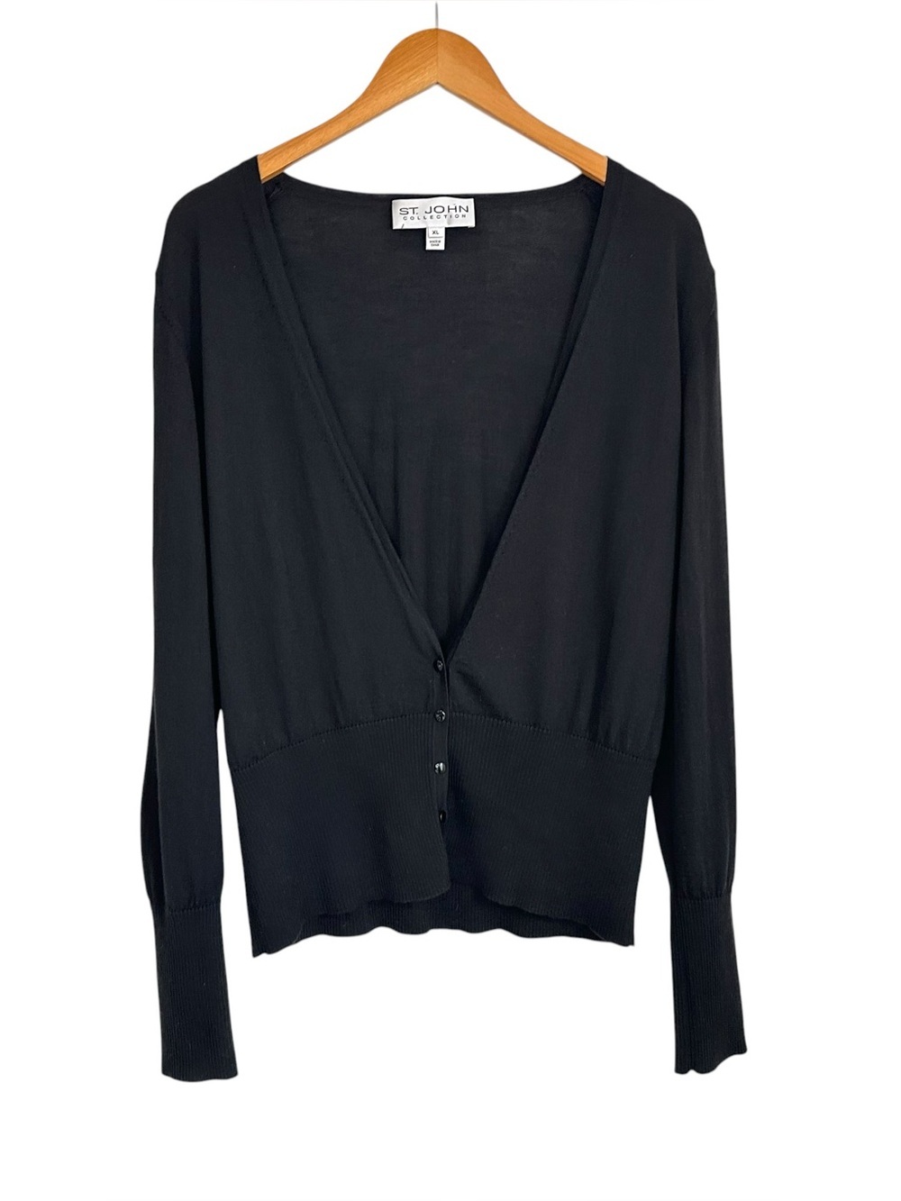 St. John Womens Wool Silk Cashmere Cardigan Sweater XL Black V Neck Long Sleeve
